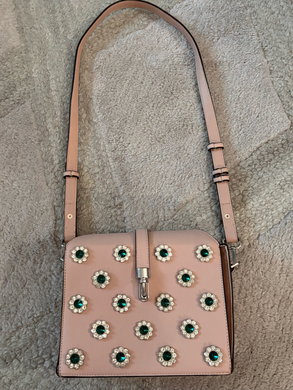 Topshop Blush Pink Crossbody with Green Gem Flower Accents
